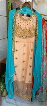 Peach Net Semi Stitched Salwar Suit Set, with Zari Sequins Dabka work stunning n - £58.86 GBP