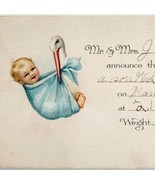Birth Announcement 1923 Wesley Stover Stork And Baby Antique Greeting Ca... - $27.43 CAD