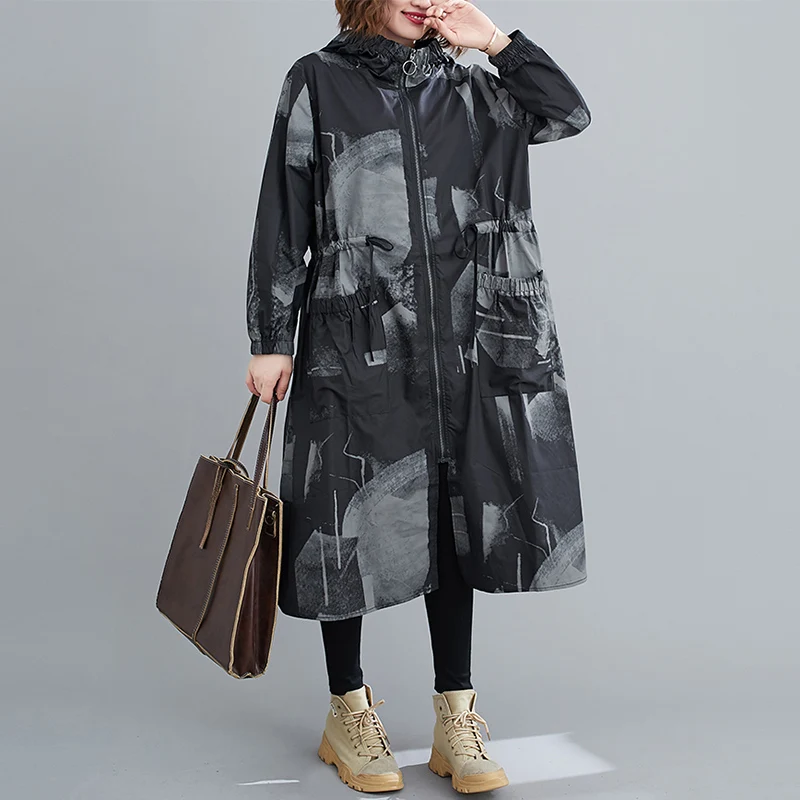  Spring Autumn Oversized Hooded Long Trench Coat For  es Fashion Drawstring Prin - £150.72 GBP
