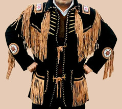 Mens Native American Style Suede Jacket Handmade Indian Beadwork Buckskin Fringe - £59.88 GBP+