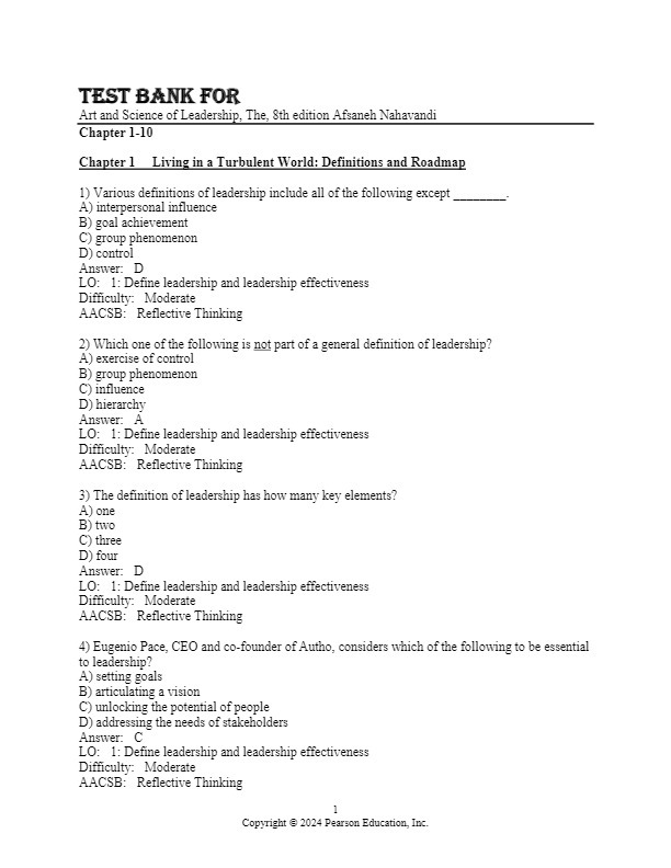 Test Bank For Art and Science of Leadership, The, 8th Edition by Afsaneh... - $17.99
