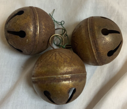 3 Vintage Large 2.5” Brass Plated Round Christmas Jingle Bells with Hoop - £16.78 GBP