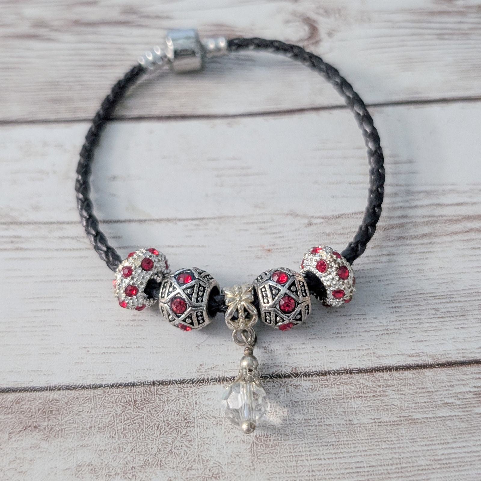 Red &amp; Silver Tone Charm Bracelet with Black Cord - £10.45 GBP