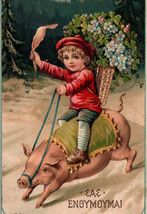 Child Riding Pig Four Leaf Clovers Vintage Postcard Antique - £17.83 GBP