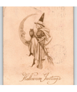 Halloween Postcard Witch Owl Sitting On Crescent Moon Man Sepia 1910 Gibson - $88.35