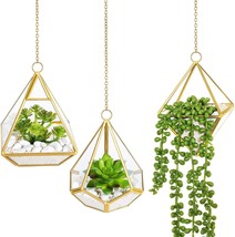 Mkono Artificial Succulent Plants With Hanging Glass Geometric Terrarium,, Gold - £33.85 GBP