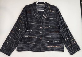 Chicos Jacket Womens 2 Black Silver Metallic Sequined Grannycore Button ... - $37.61