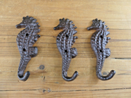 3 Cast Iron SEAHORSE Coat Hooks Hat Hook Rack Towel Nautical Beach Rustic Decor - £13.36 GBP