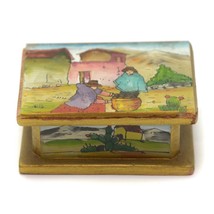 Wooden Hand Painted Small Trinket Ring Box Peoples Country Scene Vintage - £15.46 GBP