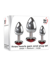Adam &amp; Eve Three Hearts Gem Anal Plug Set - Silver/red - £86.31 GBP