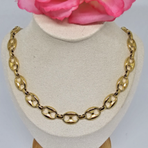 Signed FJ Gold Tone Puffed Mariner Link Chain Necklace 20 &quot; Long - £19.89 GBP