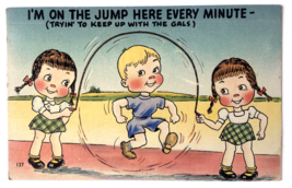 Vtg Linen PC Greeting Card with Quote and Children Playing Jumping Rope Comic - £14.38 GBP