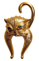 Cat Pin Brooch Texture Gold Tone Body Green Rhinestone Eyes 2 Inches Tall - $14.99