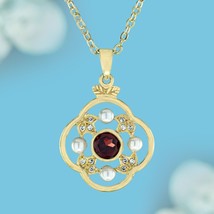 Natural Garnet Pearl Diamond Floral Pendant in Solid 9K Yellow Gold - £399.60 GBP