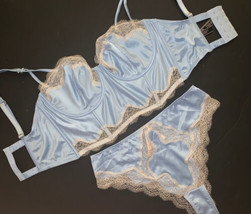 Victoria&#39;s Secret Unlined 36B,36D,36DD,36DDD Corset Top Bra Set Blue Cream Satin - £55.21 GBP