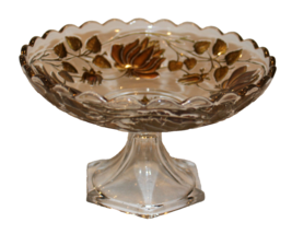 Vintage 6&quot; Wide x 3 1/2&quot; High Pedestal Scalloped Clear Bowl Gold Floral ... - £4.75 GBP