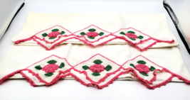 Vintage Crocheted Edge Pair Pillowcases Pink Flowers Crisp Linens 31&quot; x 20.5&quot; VG - £14.49 GBP