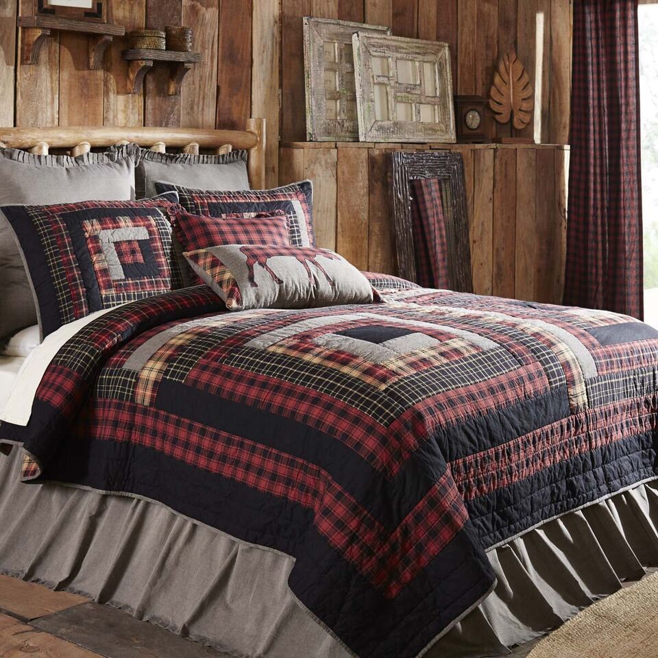Cumberland Queen Quilt Patchwork Cotton Rustic Lodge Cabin Red Black VHC Brands - $140.20