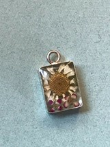 Vintage Dainty White Daisy &amp; Pink Dried Flowers in 925 Marked Silver Rectangle  - £10.23 GBP