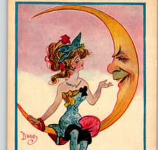 Fantasy Postcard Dwig Lady Sits On Crescent Moon Human Face Anthropomorphic Rose - £61.95 GBP