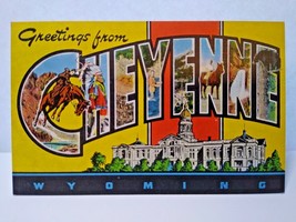 Greetings Hello From Cheyenne Wyoming Postcard Large Letter Unused Horse Cowboys - £4.41 GBP