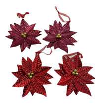 Set of 4 Vintage Metal Tin Christmas Poinsettia Ornaments Pink and Red 5.5&quot; - £15.53 GBP