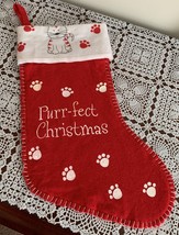 Cat Holiday Stocking Purr Fect Christmas Cat Paw Prints 16 Inch Red White Felt - £9.86 GBP