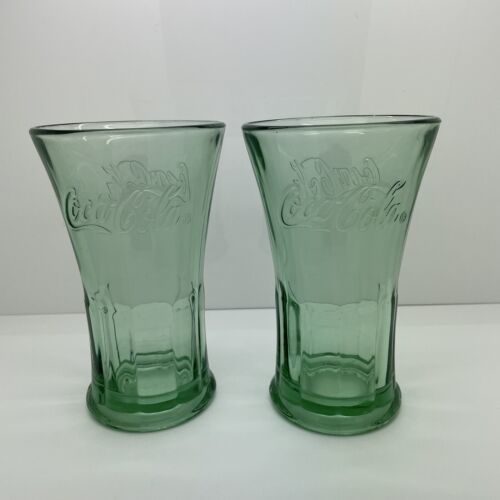 Primary image for Vintage Coca-Cola Glass By Libbey Green Flared Glass 16 oz Flat Tumbler Set Of 2