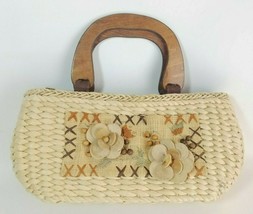 Sun n&#39; Sand Wicker Rattan Wood Ladies Handbag Floral Beads Burlap Beach ... - £14.01 GBP