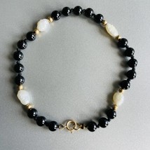 Vintage 14k Gold Onyx And Freshwater Pearl Beaded Bracelet - £72.96 GBP