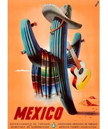 Mexico - Cactus Sombrero Guitar Mexican Blanket - 1945 - Travel Poster - £26.37 GBP