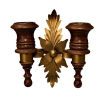 Vintage Homco Double Candle Holder Wall Sconce Wood and Gold Tone Metal BOHO - £9.78 GBP