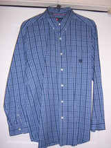 CHAPS Men&#39;s Shirt Top L/S Embroidered Logo Pocket Blue Plaid Cotton Medi... - £17.25 GBP