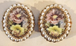 West Germany Clip Earrings Large Floral Porcelain Pearl Border Filigree Set - $49.95