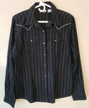 Y2K WRANGLER long sleeve PEARL snaps shirt black silver stripes SHINY si... - £16.16 GBP