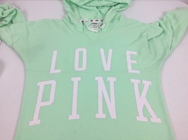 Victoria&#39;s Secret Love Pink Hoodie Green Sweatshirt Varsity Pullover Sweats S - £21.32 GBP