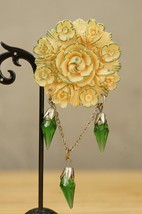 Vintage Costume Jewelry Japan Celluloid Flower Green Glass Pendants Brooch Pin - £36.33 GBP