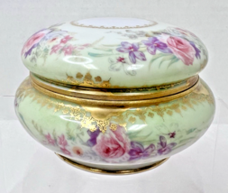 Elite Limoges France Powder Jar Box Pink Roses w Purple Flowers Light Gr... - $36.14