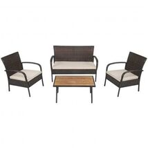 4 Pieces Patio Cushioned Wicker Conversation Set with Acacia Wood Tablet... - $268.18