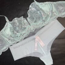 Victoria&#39;s Secret unlined 34C,34D,34DD BRA SET M thong MINT green lace Silver - $69.29