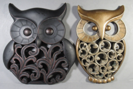Owl Wall Art Hangings 2 Black &amp; Gold Retro-look 7.5&quot; Composite Material ... - $15.00