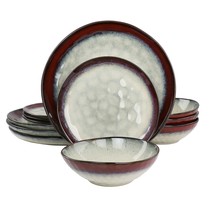 Elama Samara 12 Piece Stoneware Dinnerware Set in Red and Off White - £74.95 GBP