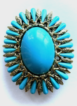 Faux Turquoise Cabochon Brass Tone Pinecone Brooch Classic Vintage - £18.40 GBP