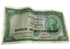 100 Bank Note Banco De Mocambique Cem Esudos 1961 Nacional Ultramarino vtd - £4.26 GBP