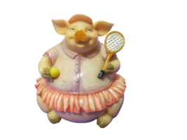 Vintage Resin Pink Pig Playing Tennis Coin Piggy Bank 6&quot;T - £13.18 GBP