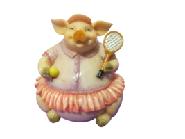 Vintage Resin Pink Pig Playing Tennis Coin Piggy Bank 6&quot;T - £13.15 GBP