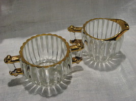 Jeanette Glass National Creamer Open Sugar Set-Gold Trim-1940&#39;s-USA - $25.00