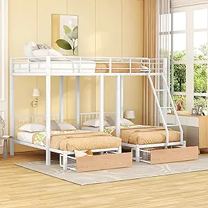 Full Over Twin &amp; Twin Bunk Bed, White Metal Triple Bunk Bed With Drawers... - $814.99