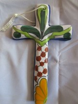 Ceramic Glazed Cross Artisan Handcrafted Religious Mexican Pottery Green Orange - £31.73 GBP