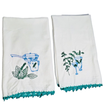 VTG Hand Embroidered Crocheted Edge Martini Olive Branch Tea Towels Set Of 2 - £15.00 GBP